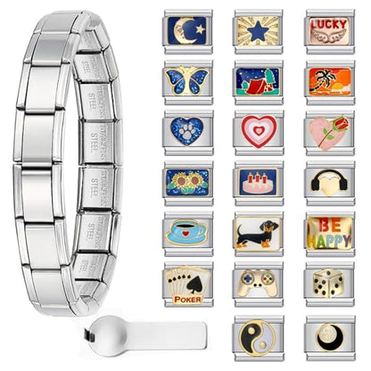 Italian Charm Bracelet with 10 or 20 Charms, Stainless Steel Adjustable DIY Charm Bracelet for Women & Men, Includes Opener Tool – Gold or Silver Options - color: Silver-20PCS