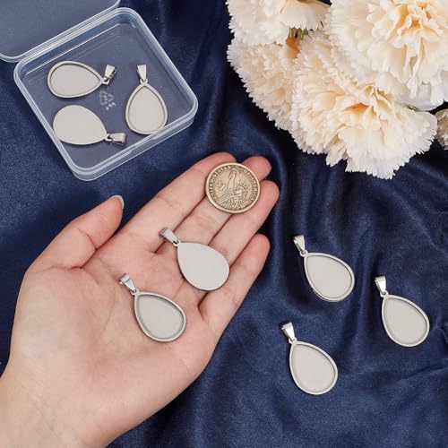 1 Box 10Pcs Silver Stainless Steel Cabochon Blanks Teardrop Bezel Pendant Trays Bulk Stylish Water Drop Shaped Bezel Pendant Trays for Jewelry Making Bracelet Necklace DIY Crafts Beginner - style: silver drop