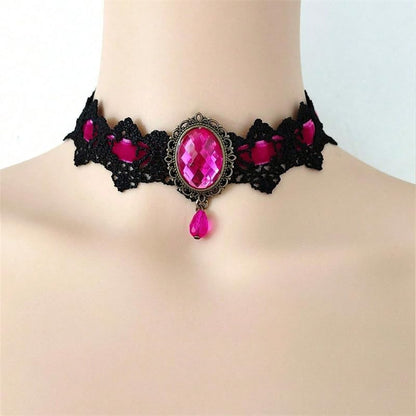 Gothic Lace Choker Vampire Necklace for Women,Black Lace Red Crystal Pendant Necklaces for Halloween,Goth Black Necklace Jewelry Witch Costume Vampire Accessories - style: Style Rose Red