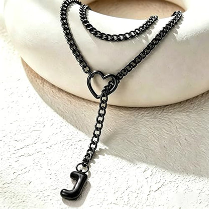 Black Heart Slip Chain Initial Necklaces for Women, Stainless Steel Wrap Choker Necklace, Gothic O-Ring Adjustable Lariat Y Necklaces, Punk Cuban Collar Choker Necklace, Halloween Jewelry Gift - color: Black J