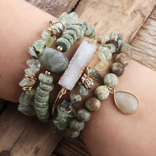 Yomisa Boho Beaded Bracelets/Bangle for Women,Multilayer 5/6/7PCS Healing Natural Handmade Stone Bead Bracelets Stackable Stretch Friendship Beaded Bracelet Set Trendy Western Bohemian Jewelry Gift - color: 5pcs-Light green