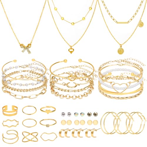 NEWITIN 49 Pieces Gold Jewelry Set for Women Fashion Costume Jewelry Gold Plated Necklace Bracelet Ring Earrings Set for Women - color: Gold Jewelry Set A