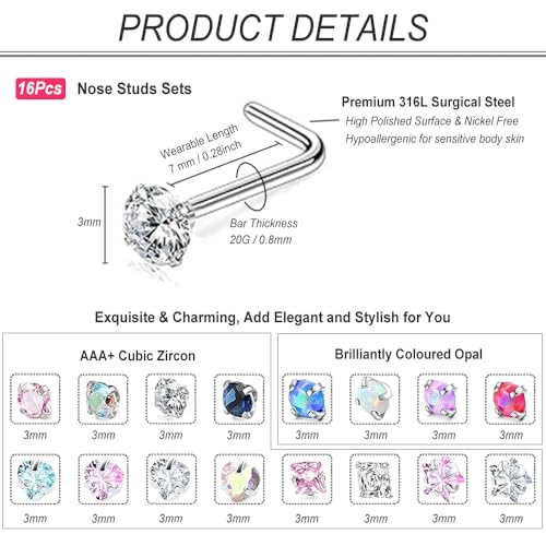 SEEDRILL Nose Rings Studs for Women 16Pcs 20G/18G Nose Studs Hypoallergenic 316L Surgical Steel Nose Piercings Jewelry 3mm CZ & Opal Nose Ring L Shape Nose Stud 20 Gauge Nose Screw Studs - style: 20G/L Shape/Colorful CZ