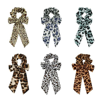 6-Piece Fashion Leopard Printed Bow Scarf Fabric Scrunchies for Women & Girls, Cute Elastic No Damage Satin Ponytail Holders Hair Ties, Hair Accessories (Leopard)