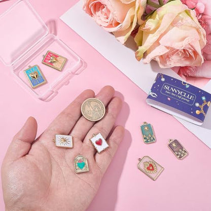SUNNYCLUE 1 Box 8 Styles Real 18k Gold Plated Enamel Heart Charms Gold Heart Charms Metal Colorful Rectangle Evil Eye Hearts Sun Pendant for Jewelry Making Women Adults Crafts Bracelets Gifts Supplies