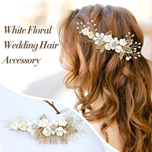 Cinaci 18 Pieces Bridal Wedding Party Prom Pearl Rhinestone White Flower Hair Side Combs Slides+U-shaped Flower Hair Pins+Twist Spiral Hairpins Floral Headpieces for Brides Bridesmaids Women Girls - color: Gold White