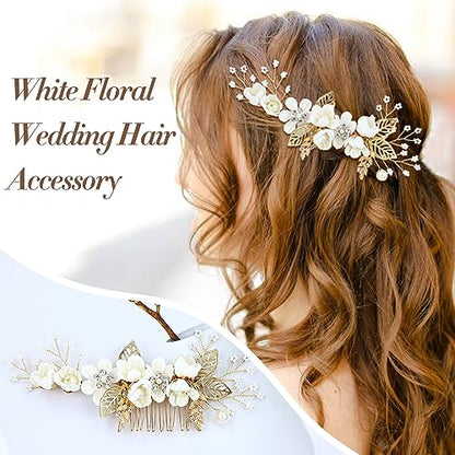 Cinaci 18 Pieces Bridal Wedding Party Prom Pearl Rhinestone White Flower Hair Side Combs Slides+U-shaped Flower Hair Pins+Twist Spiral Hairpins Floral Headpieces for Brides Bridesmaids Women Girls - color: Gold White