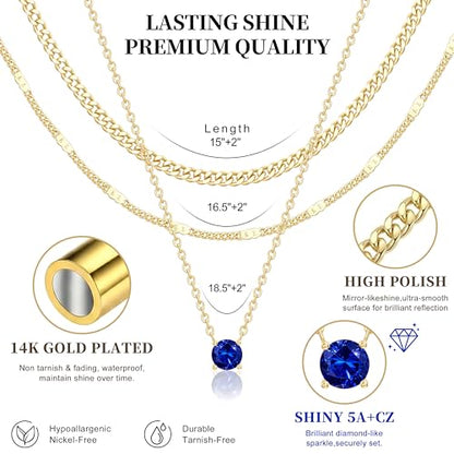 WomenGifts Layered Gold Necklaces for Women, 14K Gold Sterling Silver Plated Dainty Pendant Necklace Set Non Tarnish, Chunky Stackable Cuban Chain Choker, Trendy Birthstone Vacation Jewelry Gift - color: Gold, style: Cubic Zirconia-Created Sapphire-Sept