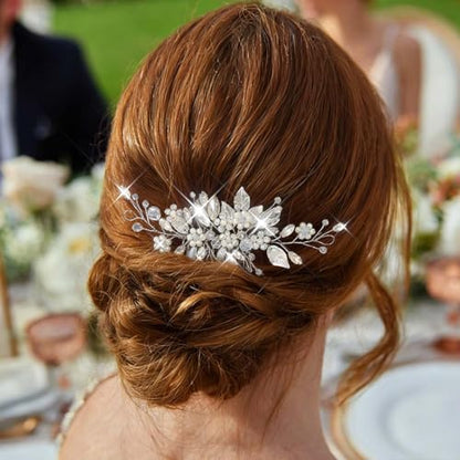 Catery Bridal Hair Comb Silver Prom Piece Wedding Accessories for Brides | Rhinestone Bride Hair Accessory Pieces Pearl Side Clip Leaf Decorative Hair Combs Headpiece Bridesmaid