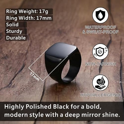 Men's Stainless Steel Square Biker Signet Ring, Black Silver Gold Styles | plain flat top, polished and brushed finish options, chunky profile, pinky or thumb styling, gift-ready for dad or him - color: Black