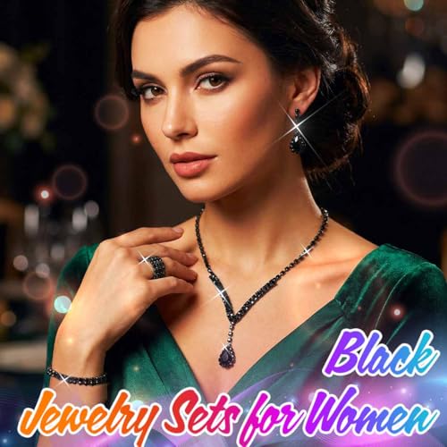 Bridal Wedding Jewelry Set Silver Rhinestone Necklace Earrings Sets Formal Costume Jewelry for Women and Brides - color: C-4 Pack Black Necklace Bracelet Rings Earrings