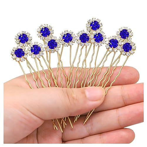Ammei Crystal Bridal Hair Pins Clips Wedding Hair Accessories Hair Set Jewelry With Rhinestone For Brides and Bridesmaids Set Of 12 (Gold Plated-Blue) - color: Gold Plated-Blue