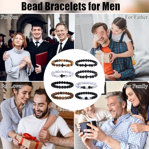 Giovanchi 4-12PCS Bracelets for Men, 8MM Mens Bracelets Lava Rock Black Obsidian Howlite Tiger Eye Beaded Natural Stone Bracelet Jewelry Gifts for Birthday Christmas - style: 8Pcs E