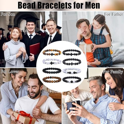 Giovanchi 4-12PCS Bracelets for Men, 8MM Mens Bracelets Lava Rock Black Obsidian Howlite Tiger Eye Beaded Natural Stone Bracelet Jewelry Gifts for Birthday Christmas - style: 8Pcs E
