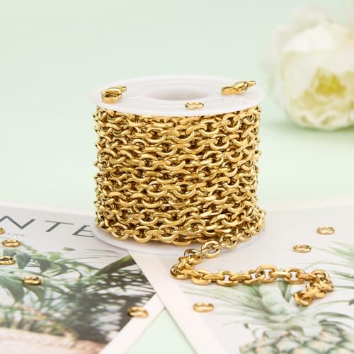 UMAOKANG Gold Cable Chain for Jewelry Making Stainless Steel Bulk Chains | 5 Meters Permanent Jewelry Chains Diamond Cut PVD Gold Plating Link Chain on Spool with Jump Rings Lobster Clasps - color: 1.6 Gold Cable