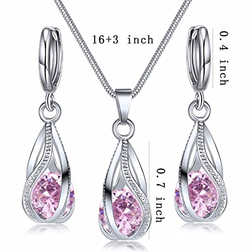 IFKM Silver Jewelry Sets for Women Rhinestone Crystal CZ Bridal Bridesmaid Accessories Necklace Earrings set for Wedding Prom Anniversary Birthday Gifts - color: Pink