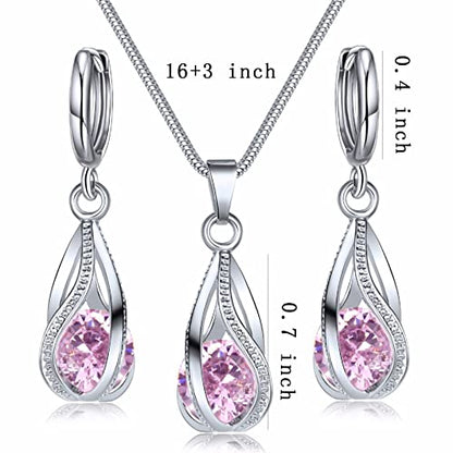 IFKM Silver Jewelry Sets for Women Rhinestone Crystal CZ Bridal Bridesmaid Accessories Necklace Earrings set for Wedding Prom Anniversary Birthday Gifts - color: Pink
