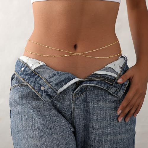 Waist Chain for Women 14K Gold/Silver Plated Body Chain Beads Link Belly Chains Belly Belt Waist Beads Chains Adjustable Sexy Bikini Body Jewelry Daily Belts Gifts for Women - style: Layered Beads-GD
