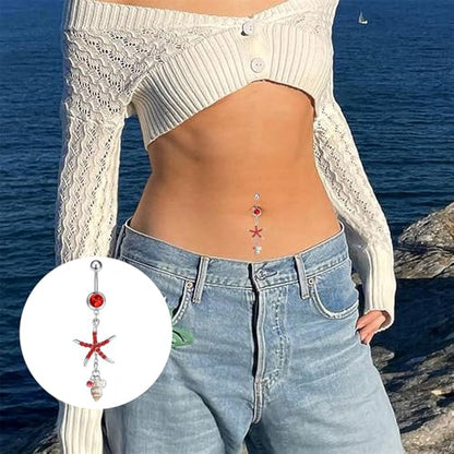 Starfish Dangle Belly Button Rings for Women Rhinestone Ocean Star with Pearl Conch Charm Navel Piercing Stainless Steel Curved Navel Barbell Ring Beach Jewelry - color: Pink