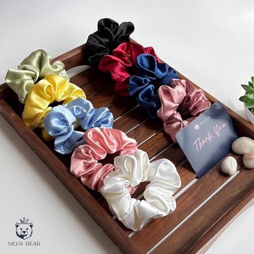 SILVR BEAR Luxury Satin Scrunchies, 9 Pack, Satin Hair Ties for thick & curly Hair, Scrunchies for Women and Girls - Pastel Shades - color: Pastel