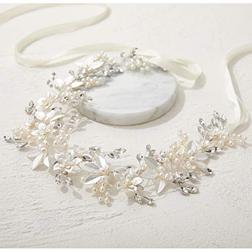 SWEETV Handmade Rhinestone Wedding Headband Flower-Leaf Bridal Headpieces for Wedding Pearl Hair Accessories (Silver) - color: Silver