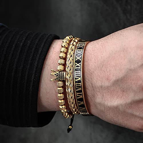 WFYOU 3PCS Stainless Steel Imperial Crown Bracelets for Men Gold Roman Numeral Bangle Bracelet Adjustable Cuff Bracelet Mens Luxury Jewelry Gifts - style: 02:Gold-Roman Numeral