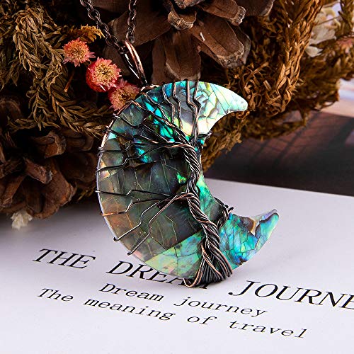 Bivei Life Tree Crescent Moon Necklaces for Women | Copper Wire Wrap Gemstones Pendant Crystals and Natural Stones Necklace Witch Jewellery Christmas Valentine's Day for Friends - color: Blue Abalone Shell, style: Pack of 1