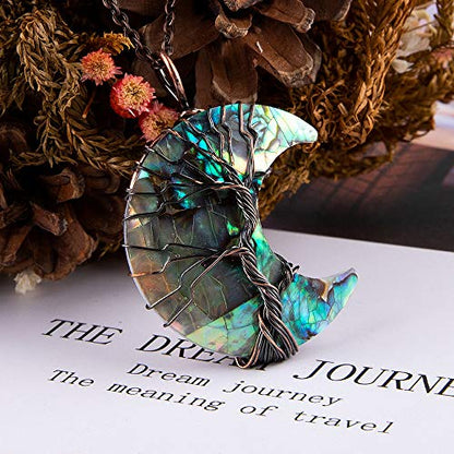 Bivei Life Tree Crescent Moon Necklaces for Women | Copper Wire Wrap Gemstones Pendant Crystals and Natural Stones Necklace Witch Jewellery Christmas Valentine's Day for Friends - color: Blue Abalone Shell, style: Pack of 1