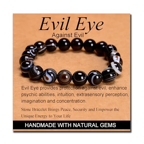 MASSIVE BEADS Handmade Yoga Stretch Elastic Bracelet Natural Stone Crystal Healing Power Energy Gifts for Unisex Adult 4mm 6mm 8mm 10mm - color: Evil Eye Agate(Against Evil), size: 10mm