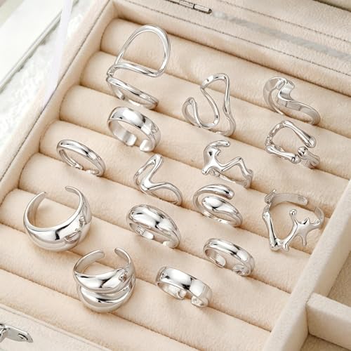 Chunky Rings for Women Non Tarnish 14k Stackable Dome Statement Rings Sets Vintage Dainty Knuckle Open Midi Finger Rings Jewelry Pack Gifts - style: Silvery 15PCS