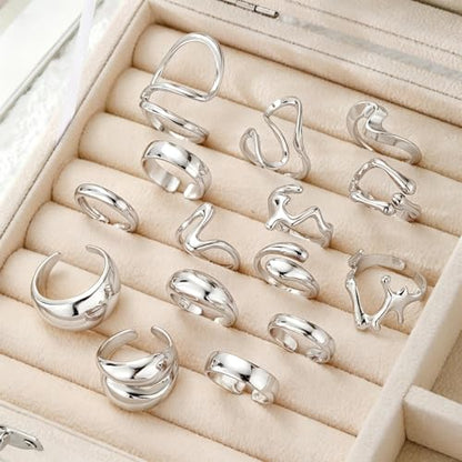 Chunky Rings for Women Non Tarnish 14k Stackable Dome Statement Rings Sets Vintage Dainty Knuckle Open Midi Finger Rings Jewelry Pack Gifts - style: Silvery 15PCS