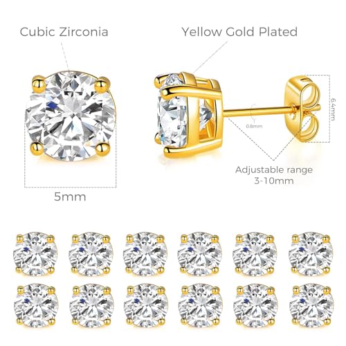MDFUN Hypoallergenic CZ Stud Earrings Set for Women/Men,6 Pairs 18K Gold Plated Round 3-8mm Clear Cubic Zirconia Earring Pack Jewelry Gift - color: Yellow gold-5mm-6 pairs