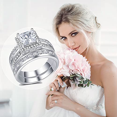 CEJUG 3Ct Princess Wedding Rings for Women Engagement Ring Set Bands 18k White Gold Plated Halo Cz Size 6-10 - color: Silver