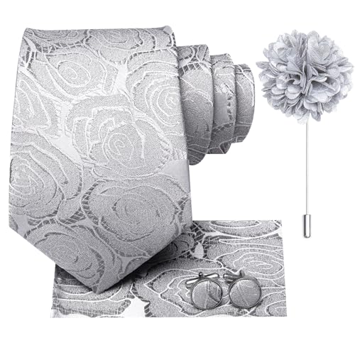 Hi-Tie Men's Silk Ties Formal Woven Classic Necktie Pocket Square Cufflinks Lapel Pin Set Wedding Business - color: A Silver