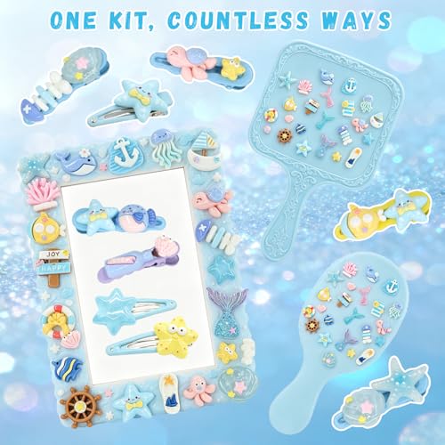 RidaaFri Junk Case Charms Kit, Blue Ocean Beach Themed 3D Flatback Charm | Large Charms with Pearls Sequins Cute Starfish Turtles Mermaids Charms for DIY Craft Accessories Personalization - color: Blue