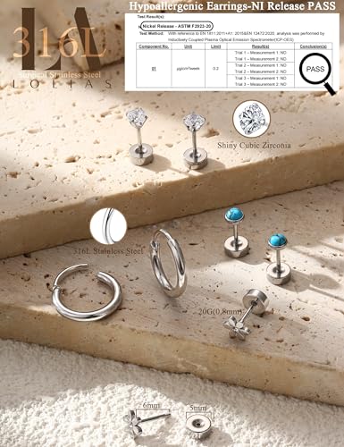 LOLIAS 21 Paris Stainless Surgical Steel Flat Back Earrings Hypoallergenic | 20G Cartilage Earring Stacks,Screw Back Nap Flatback Stud Earrings for Sensitive Ears Women,Earring Set,Pack Piercing Jewelry - color: Silver
