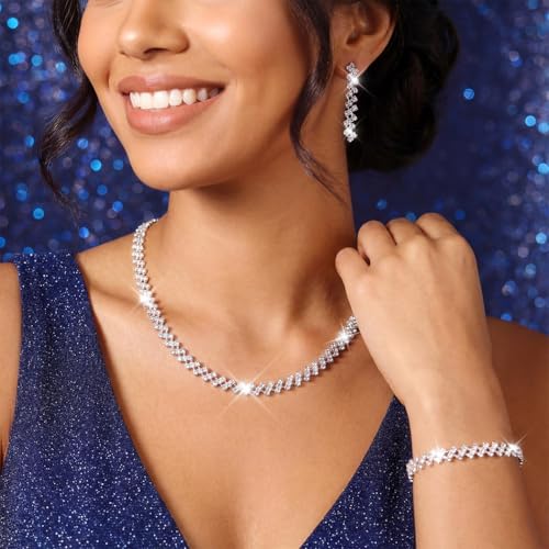 Rhinestone Bridal Wedding Jewelry Sets Silver Necklace Earrings Bracelet Set Prom Formal Costume Jewelry Set for Women and Brides - color: Silver