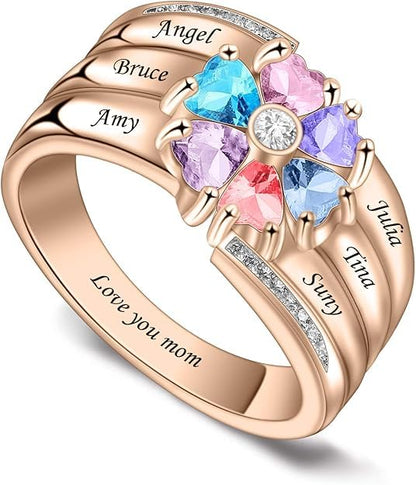 Custom Multi-Stone Family Ring 925 Sterling Silver/10K/14K/18K Gold Colored Personalized (2-8 stones) Birthstone Engraved Ring for Women Mom Wife Jewelry Gifts - style: Six Stone
