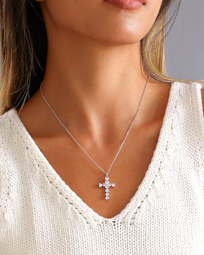 Cross Necklace for Women, 14K Gold Plated Cubic Zirconia Cross Pendant Necklace, Trendy Christian Jewelry Gifts for Baptism First Communion Christmas - color: Style F - Silver