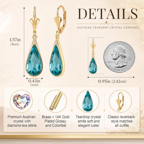 EVEVIC Teardrop Austrian Crystal Leverback Dangle Drop Earrings for Women | 14K Gold Plated,Classic Teardrop Elegance,Leverback for Easy Secure Wear,Gift Box Included, Brighten Up Daily and Party Looks - color: Aquamarine