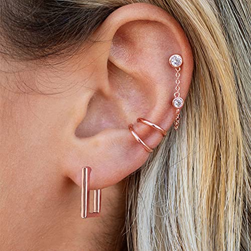 2 Pairs 14K Gold Plated Minimalist Hoop Earrings Small Dainty Geometric Square and Rectangle Huggies Hoops for Girls Women Gift, gold, silver and black - color: Rose Gold