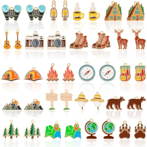 40 Pcs/20 Pairs Camping Charms for Jewelry Making Gift | Outdoor Travel Theme Enamel Charms, Adventure Pendants, Necklace Bracelet Keychain DIY Crafts, Camping Party Supplies - style: Camping