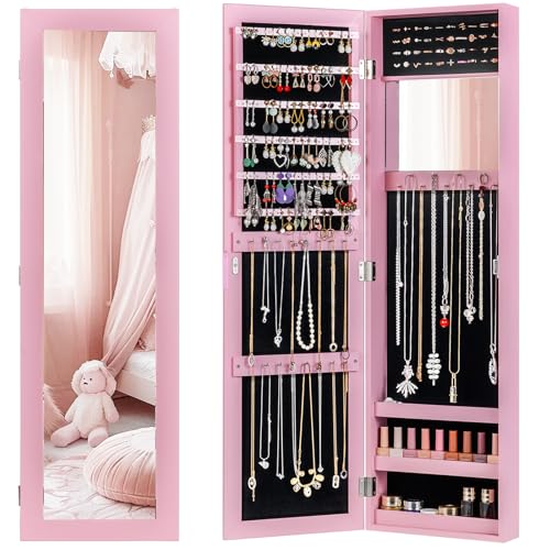 Giantex Wall Mounted Jewelry Cabinet with Full Length Mirror, Over The Door Jewelry Armoire Organizer with Large Storage, Makeup Mirror & Velvet Lining (Pink) - color: Pink