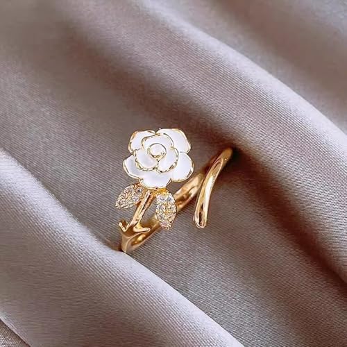 Elegant Cz Camellia Adjustable Open Band Statement Ring for Women Gold Tone Dainty Crystal Enamel Floral Statement Finger Band Rings Wedding Party Fashion Jewelry