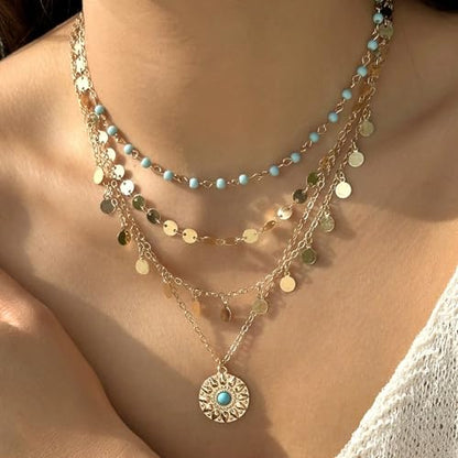 HUASAI Boho Necklaces for Women Dainty Layered Choker Necklace Bohemian Turquoise Necklace Statement Jewelry Western Cowgirl Country Concert Outfits Accessories - color: A-Gold Boho