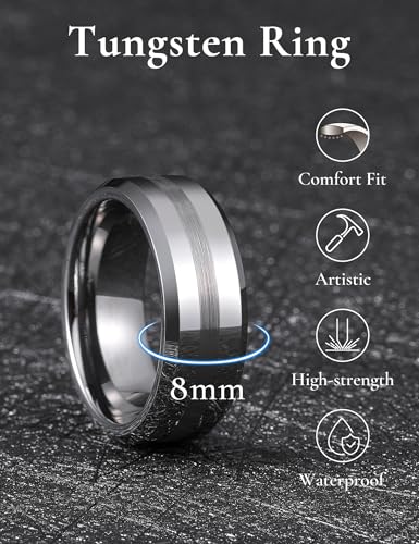 King Will Classic Tungsten Carbide Ring Brushed Two Grooved Center Hammered Design Mens Wedding Band for Men | Black/Silver/Gold, 8mm, Men's Wedding Band, Grooved, Comfort Fit, Everyday Wear - color: A-Silver 8mm