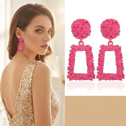 Clip on Earrings for Women, Big Statement Geometric Earrings Large Shiny Drop Dangle Earrings Non Pierced (Gold/Silver/Hot Pink) - color: Hot pink