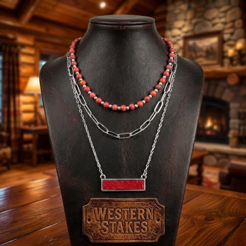 Layered Stone Necklace, Triple Strand Beaded Choker with Paperclip Chain, Boho Western Fashion Jewelry - color: Coral