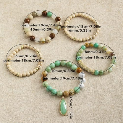 Yomisa Boho Beaded Bracelets/Bangle for Women,Multilayer 5/6/7PCS Healing Natural Handmade Stone Bead Bracelets Stackable Stretch Friendship Beaded Bracelet Set Trendy Western Bohemian Jewelry Gift - color: 5pcs-Beige&green