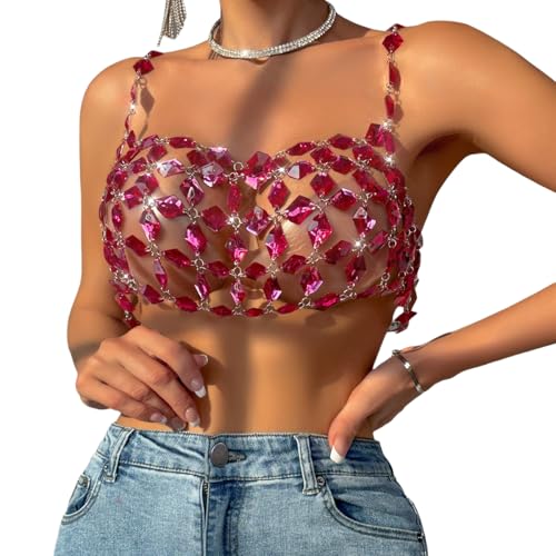 Rhinestones Body Chain Suit Silver Crystal Bikini Bra Underwear Sexy Sparkly Party Body Jewelry Accessories for Women - color: Rose Red